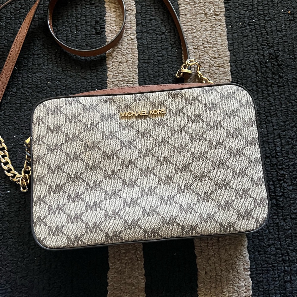 Michael Kors Beige and Brown Signature MK Crossbody Bag